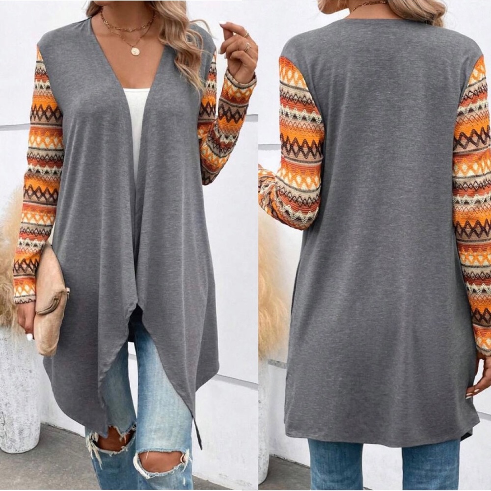 Gray Open-Front Cardigan with Orange Patterned Sleeves